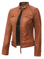 Women's Cafe Racer Style Tan Brown Leather Jacket