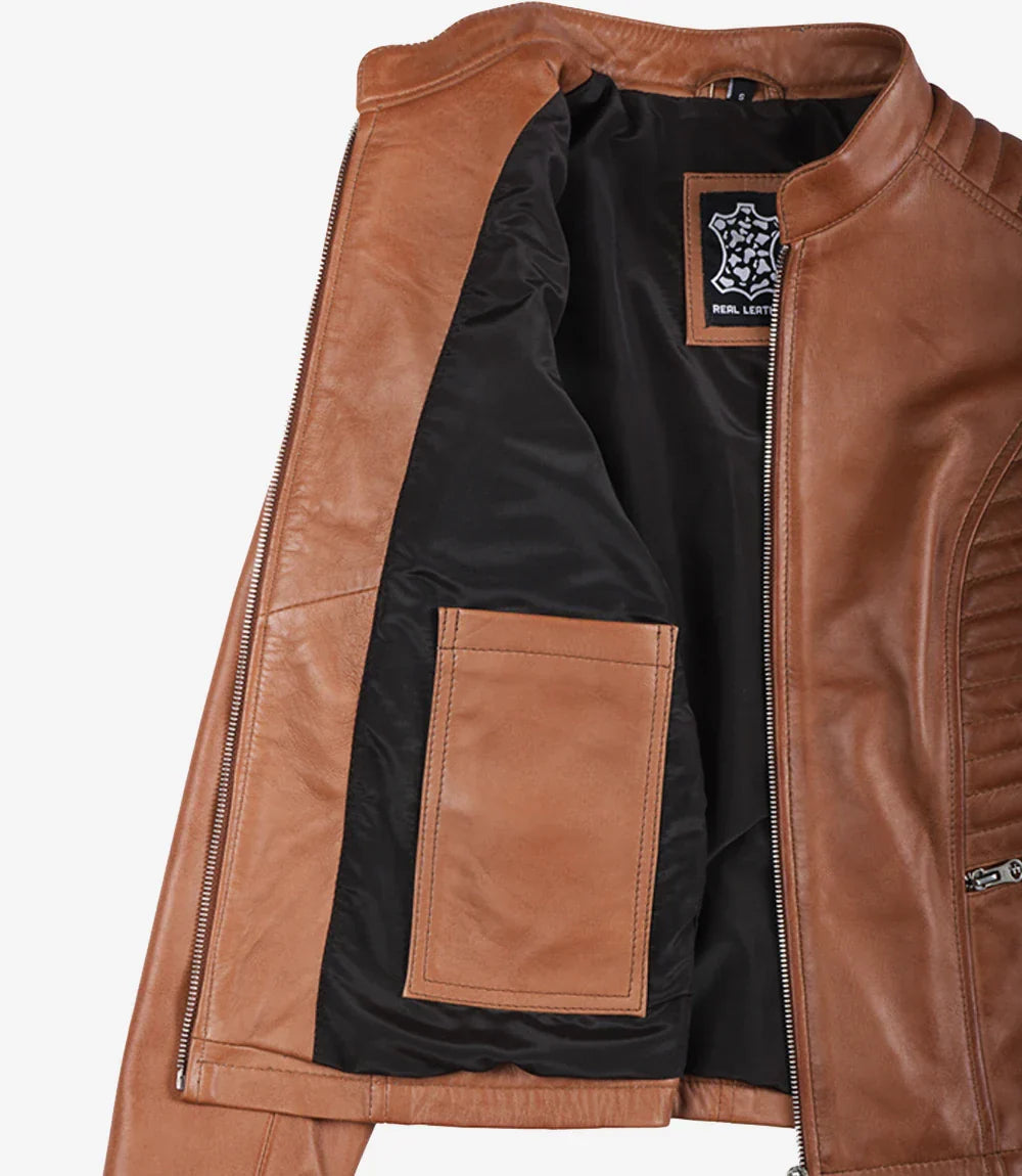 Women's Petite Tan Brown Wax Cafe Racer Leather Jacket
