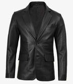 Men's Notch Lapel Two Button Black Leather Blazer Jacket
