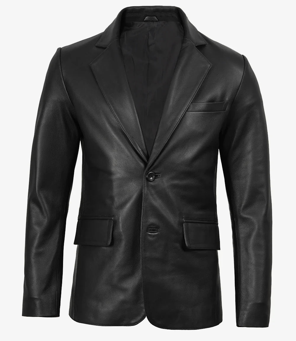 Men's Notch Lapel Two Button Black Leather Blazer Jacket
