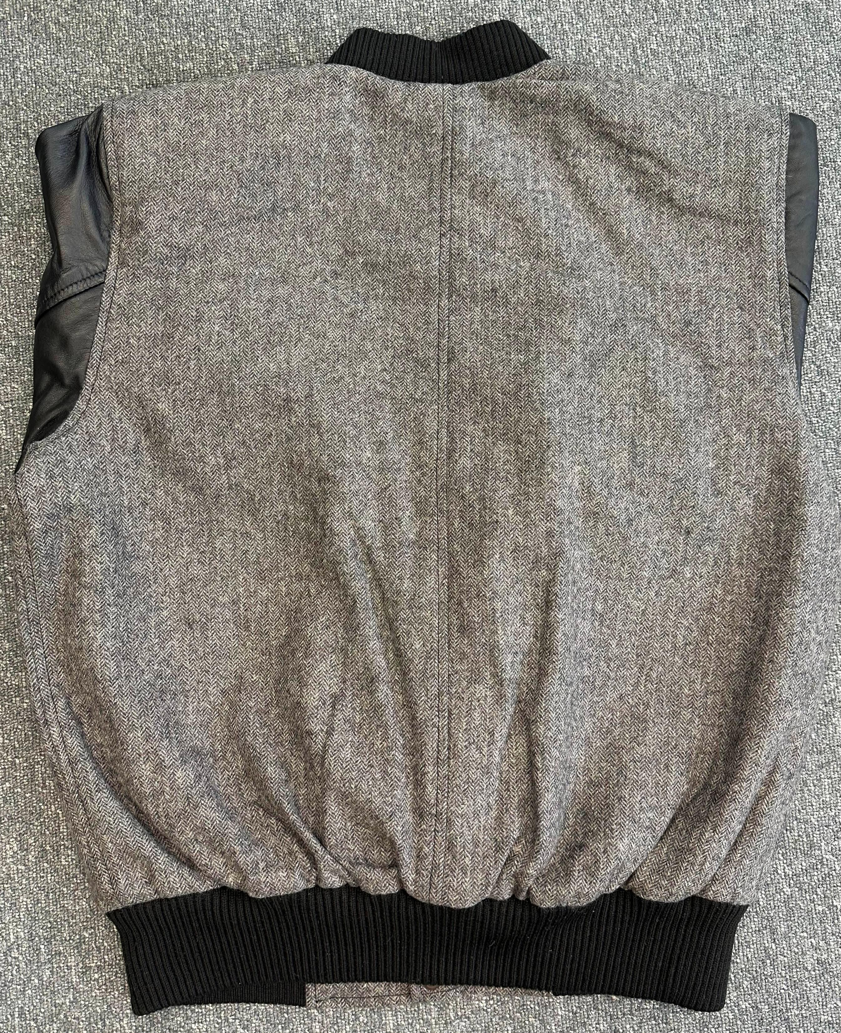 Mens Grey Tweed Casual Bomber Jacket with real leather sleeves