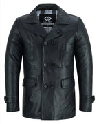 Vintage Black Men's Leather Jacket - Double Breasted Dr. Who Kriegsmarine Style