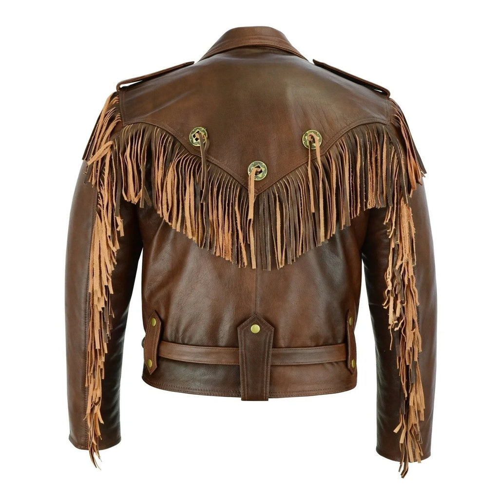 Vintage Brown Biker Fringe Leather Jacket - Tassle Concho Premium Motorcycle