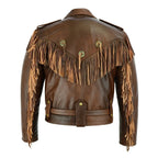 Vintage Brown Biker Fringe Leather Jacket - Tassle Concho Premium Motorcycle