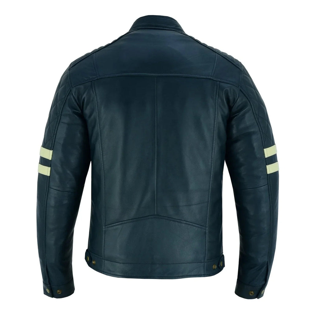 Vintage Cafe Racer Navy Biker Leather Jacket Motorcycle
