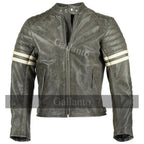 Vintage Fight Club Leather Biker Jacket with white stripes