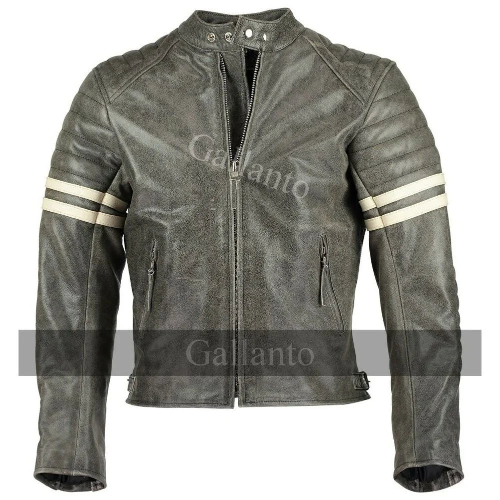 Vintage Fight Club Leather Biker Jacket with white stripes