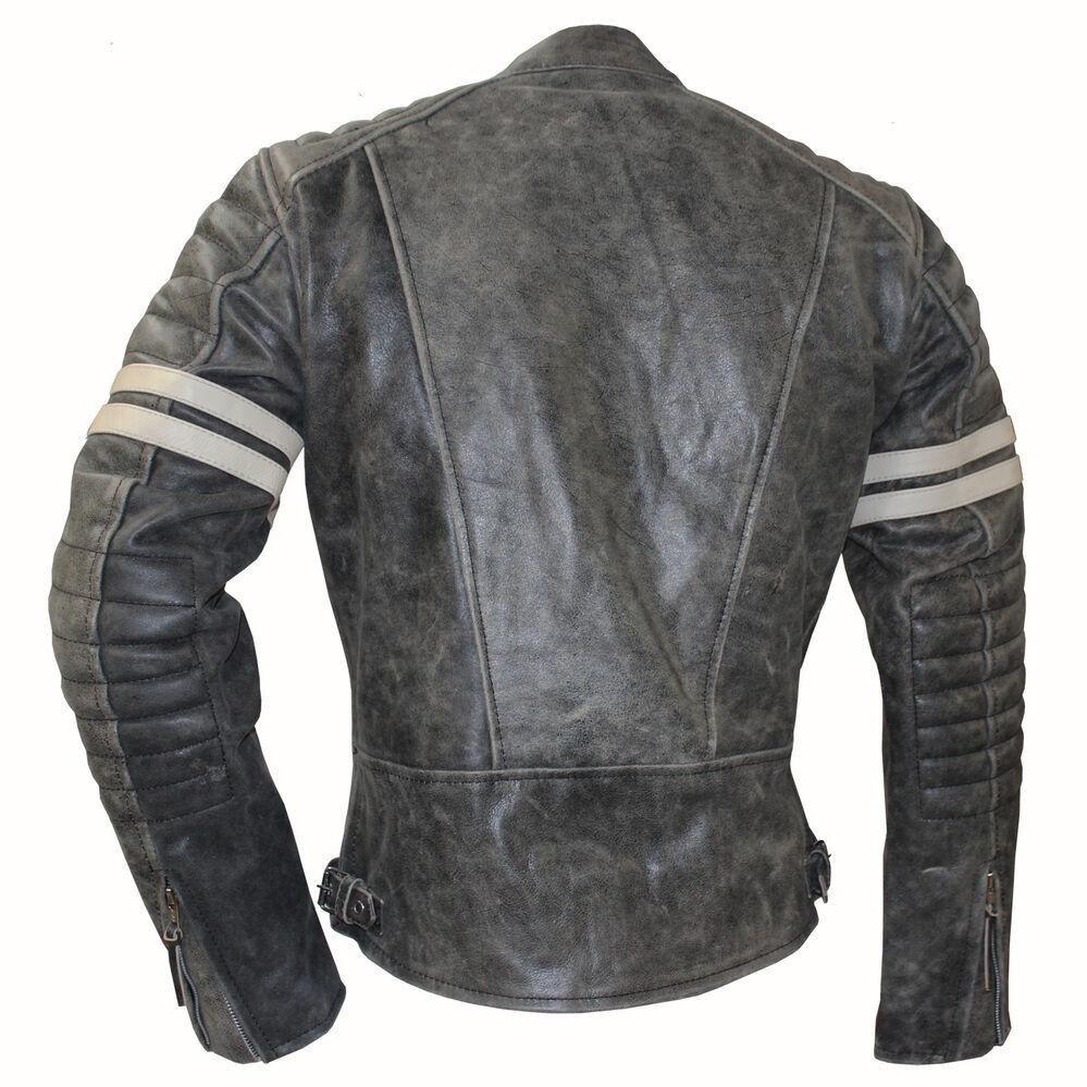 Vintage Fight Club Leather Biker Jacket with white stripes