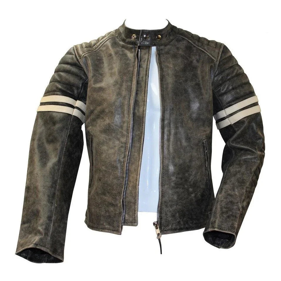 Vintage Fight Club Leather Biker Jacket with white stripes