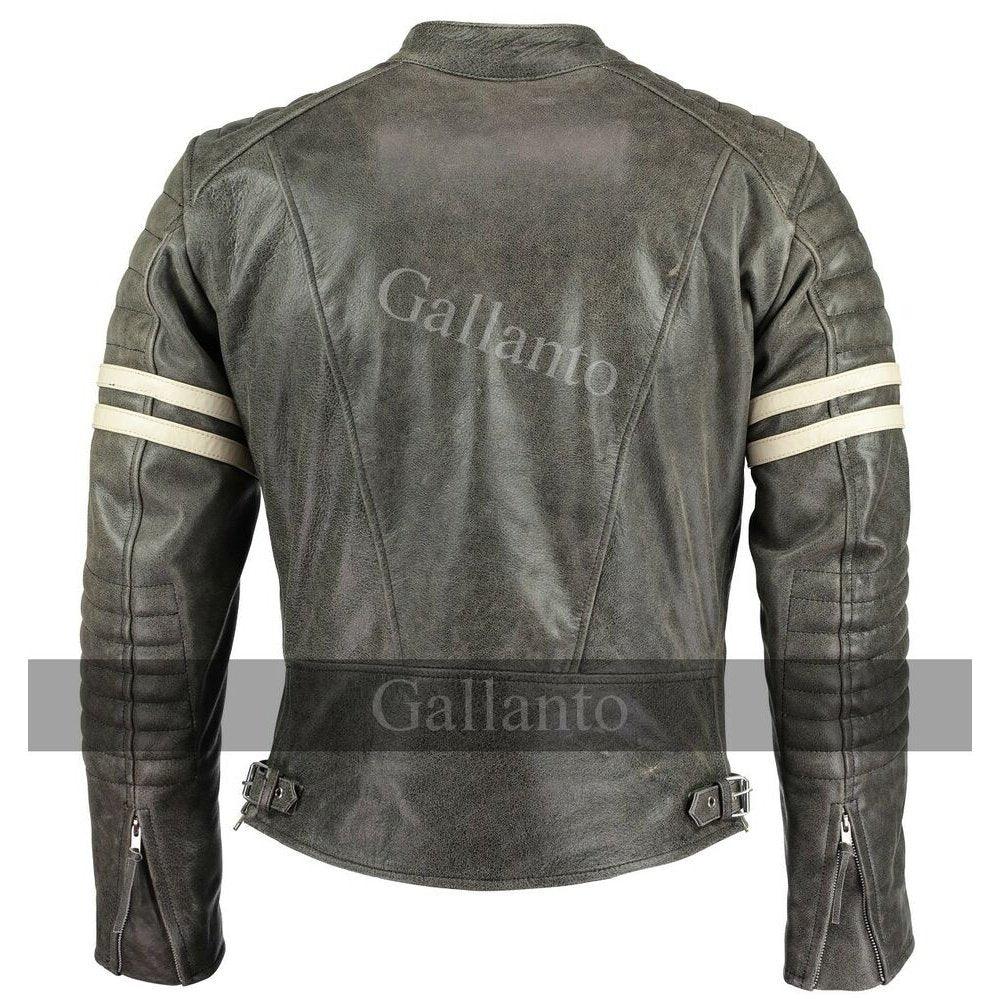 Vintage Fight Club Leather Biker Jacket with white stripes