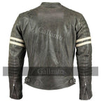 Vintage Fight Club Leather Biker Jacket with white stripes