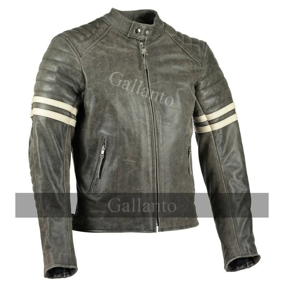 Vintage Fight Club Leather Biker Jacket with white stripes