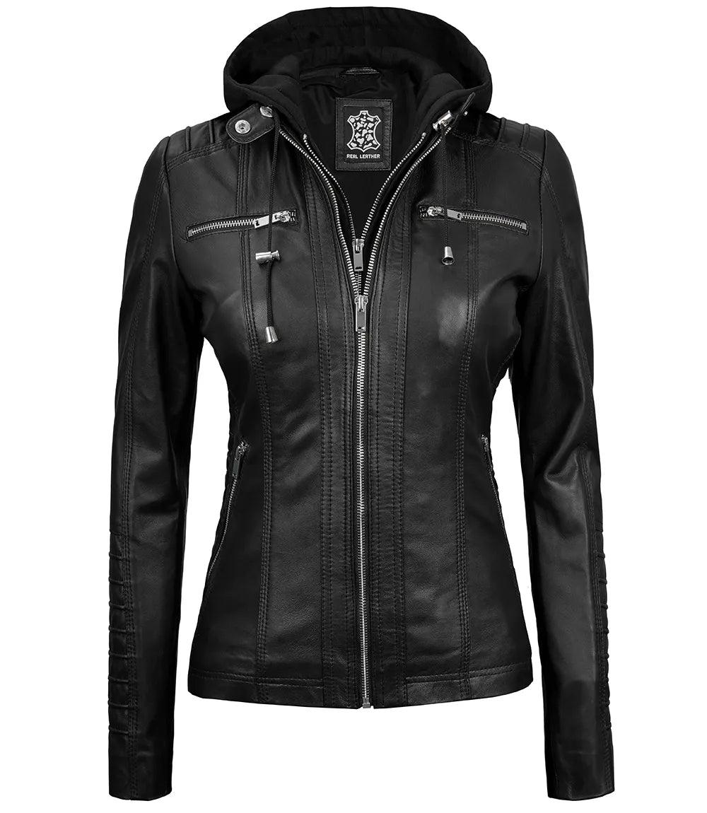 Women's Tall Black Leather Jacket With Removable Hood