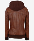 Women's Cognac Brown Leather Jacket with Removeable Hood