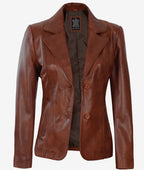 Women's Two Button Cognac Leather Blazer