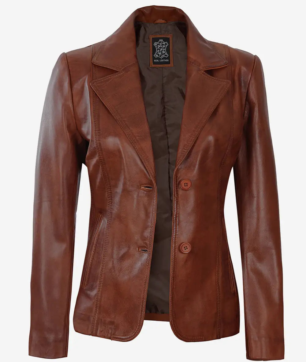Women's Two Button Cognac Leather Blazer