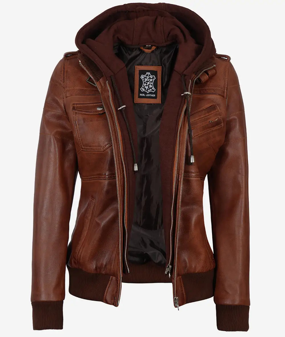 Women's Cognac Brown Leather Jacket with Removeable Hood