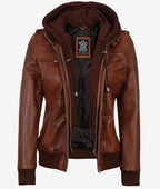 Women's Cognac Brown Leather Jacket with Removeable Hood