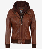 Women's Cognac Brown Leather Jacket with Removeable Hood