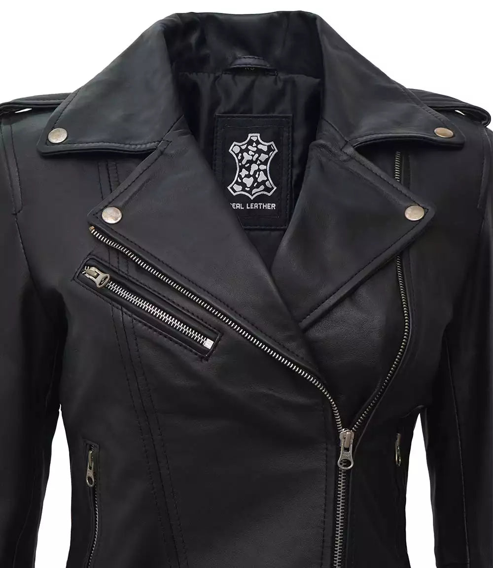 Womens Black Asymmetrical Biker Style Leather Jacket