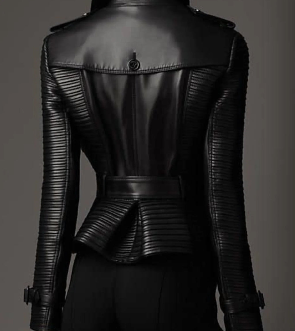 Womens Double Breasted Quilted Black Leather Coat