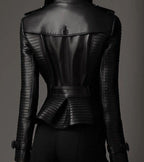 Womens Double Breasted Quilted Black Leather Coat