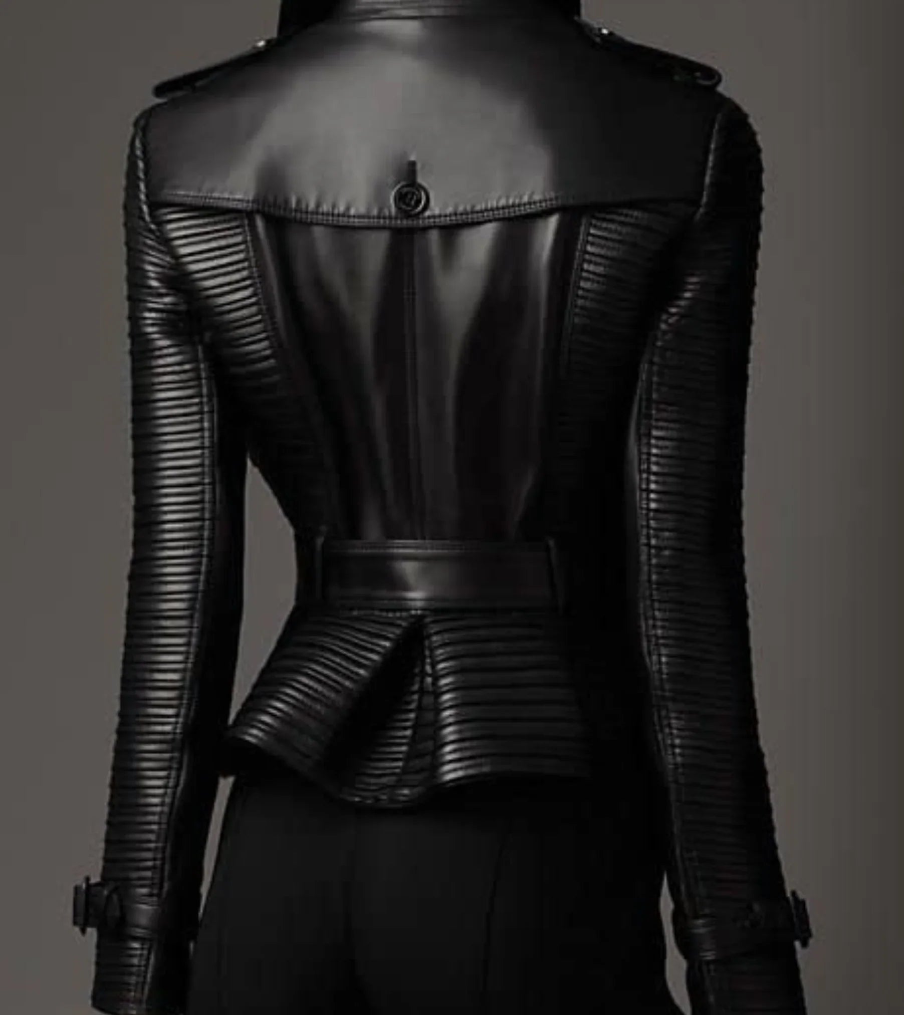 Womens Double Breasted Quilted Black Leather Coat