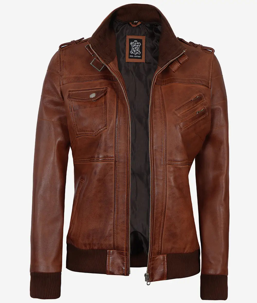 Women's Cognac Brown Leather Jacket with Removeable Hood
