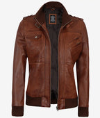 Women's Cognac Brown Leather Jacket with Removeable Hood