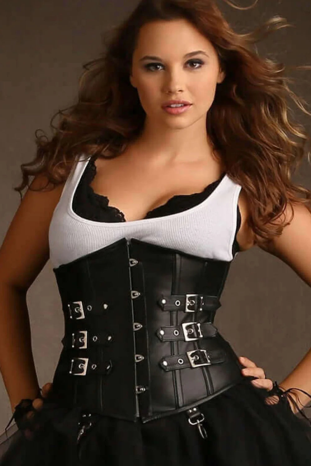 Plus Size Hazel Underbust Black Leather Corset With Buckles