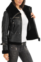 Amelia Black B3 RAF Shearling Aviator Leather Bomber Jacket