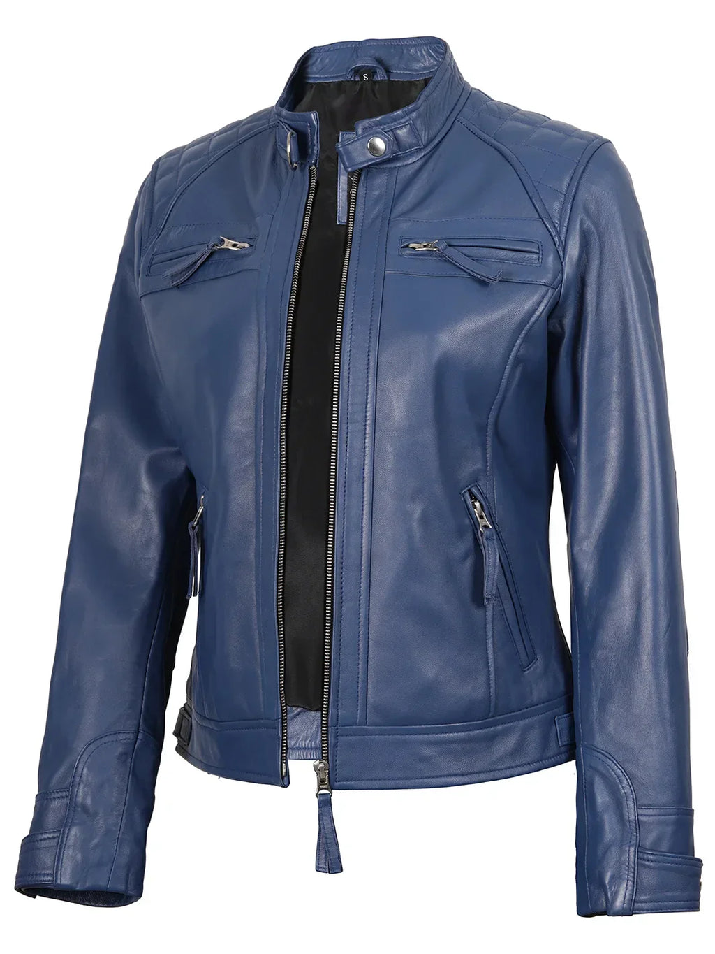 Women Blue Diamond Cafe Racer Real Leather Jacket
