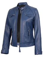 Women Blue Diamond Cafe Racer Real Leather Jacket