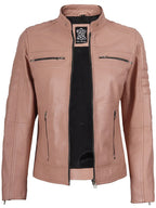 Austin Womens Pink Cafe Racer Style Leather Jacket