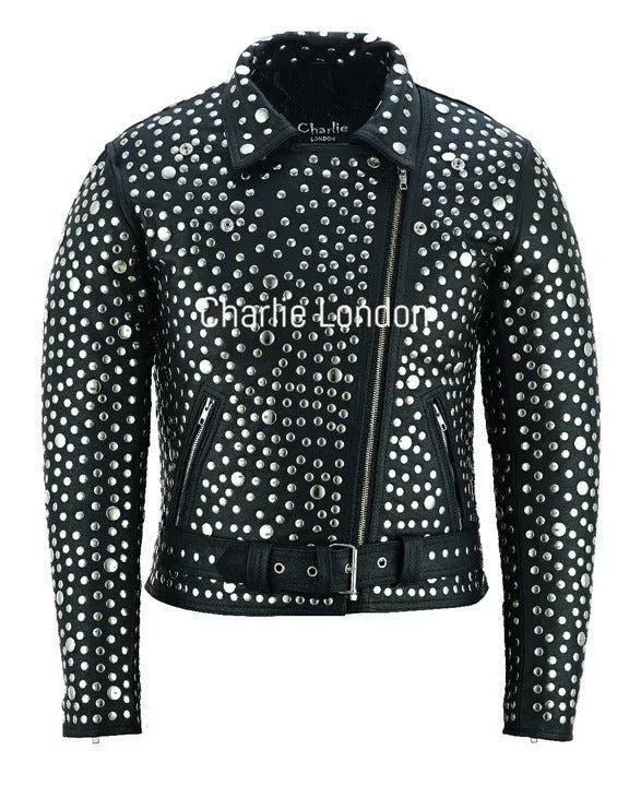 Women's Black Designer Leather Biker Jacket with Silver Studs