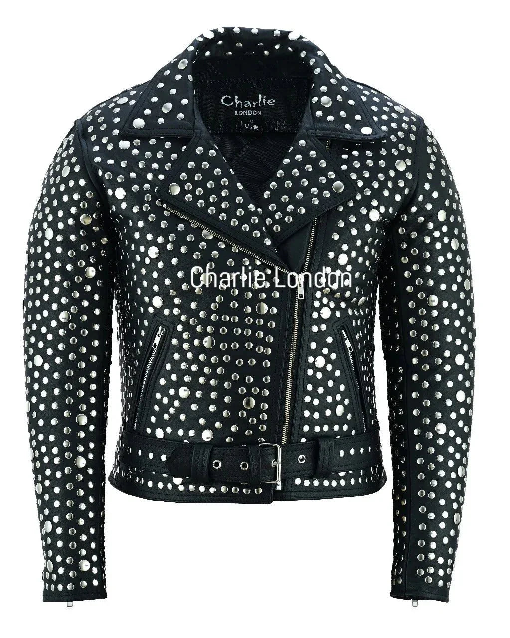 Women's Black Designer Leather Biker Jacket with Silver Studs