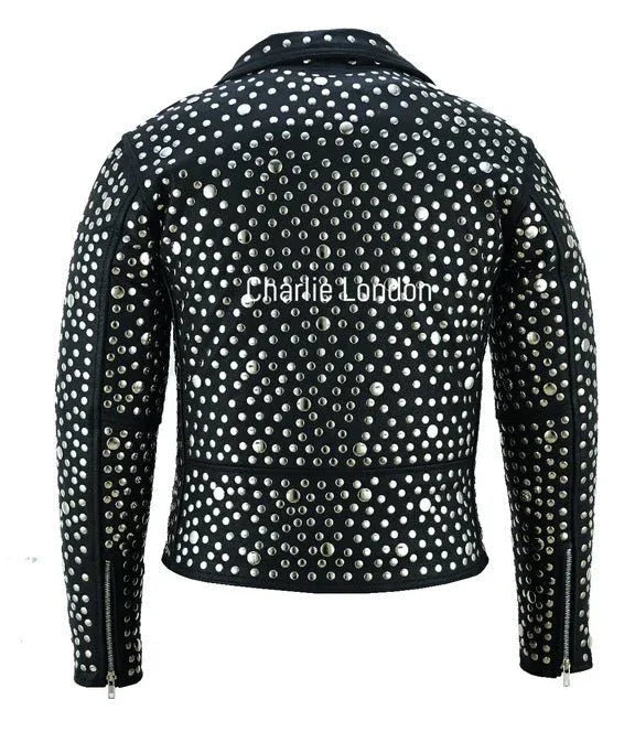 Women's Black Designer Leather Biker Jacket with Silver Studs