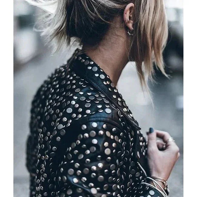 Women's Black Designer Leather Biker Jacket with Silver Studs