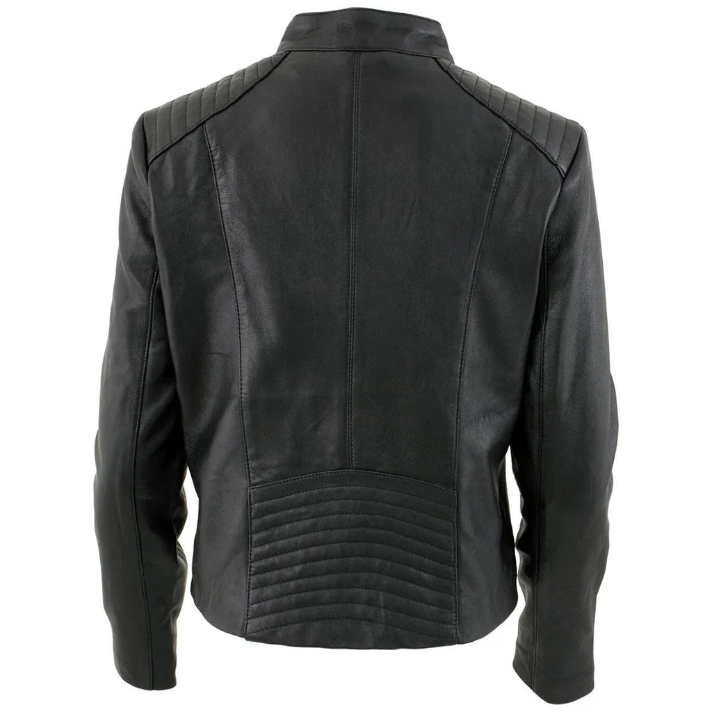 Women's Black Leather Scuba Style Jacket with Snap Mandarin Collar