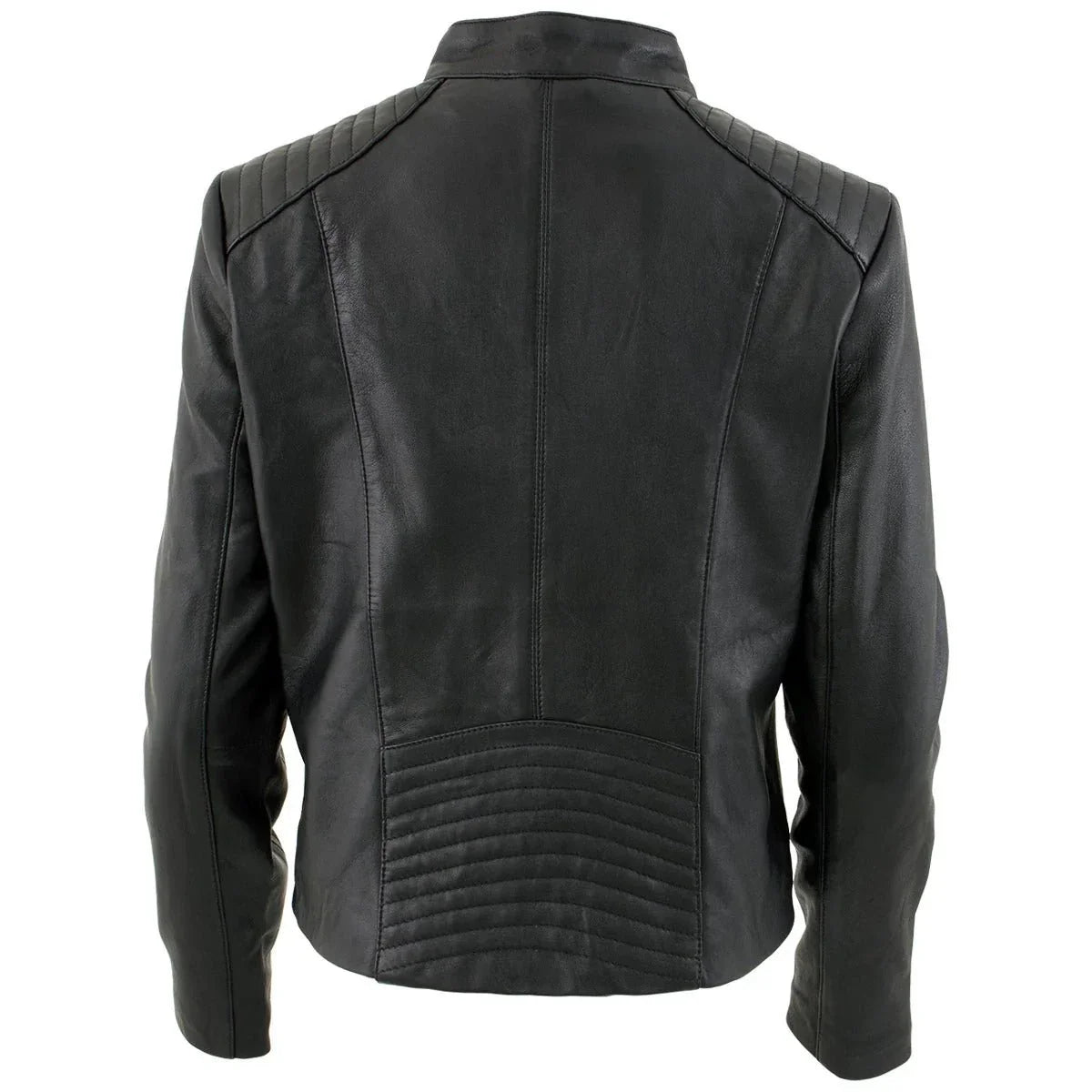 Women's Black Leather Scuba Style Jacket with Snap Mandarin Collar