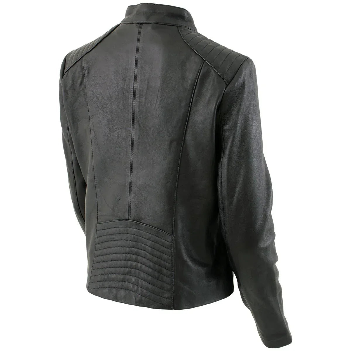 Women's Black Leather Scuba Style Jacket with Snap Mandarin Collar