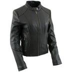 Women's Black Leather Scuba Style Jacket with Snap Mandarin Collar