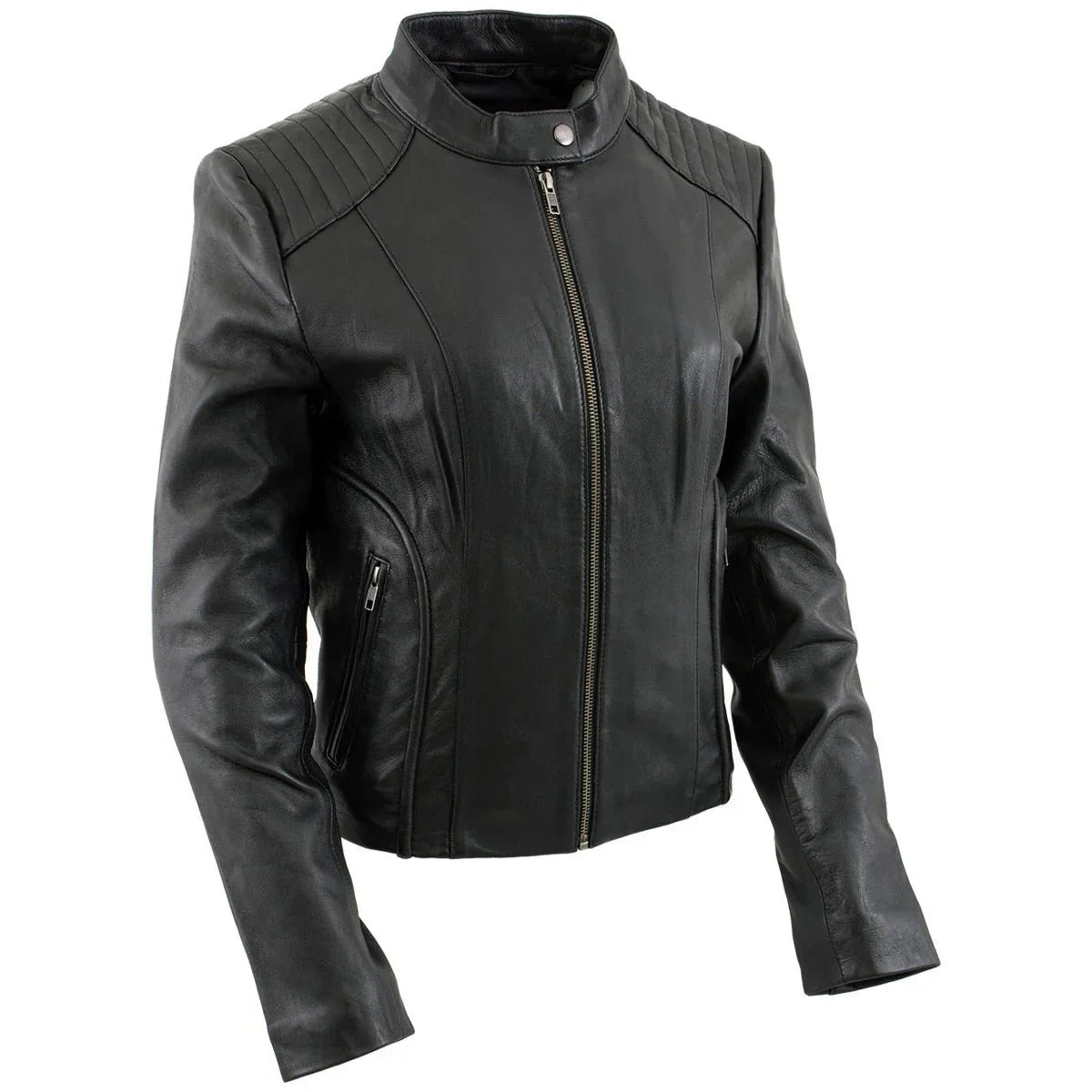 Women's Black Leather Scuba Style Jacket with Snap Mandarin Collar