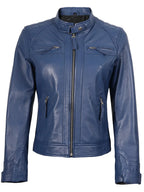 Women Blue Diamond Cafe Racer Real Leather Jacket