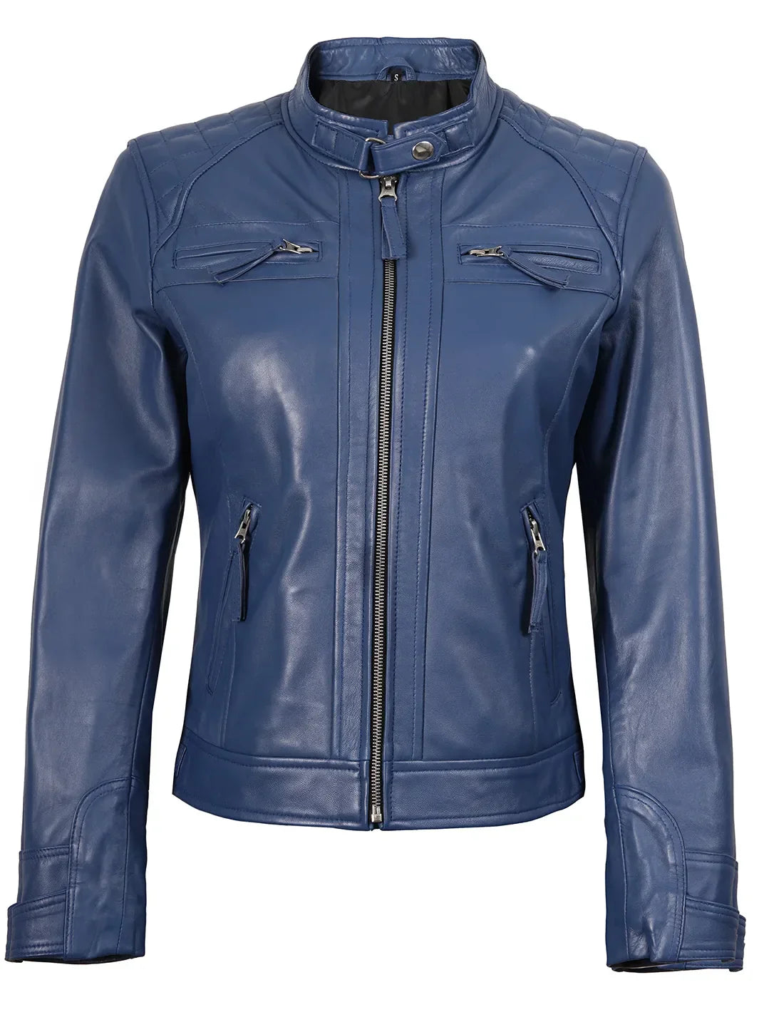 Women Blue Diamond Cafe Racer Real Leather Jacket