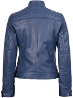Women Blue Diamond Cafe Racer Real Leather Jacket