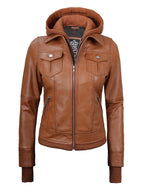 Tralee Womens Tan Wax Bomber Leather Jacket With Removable Hood