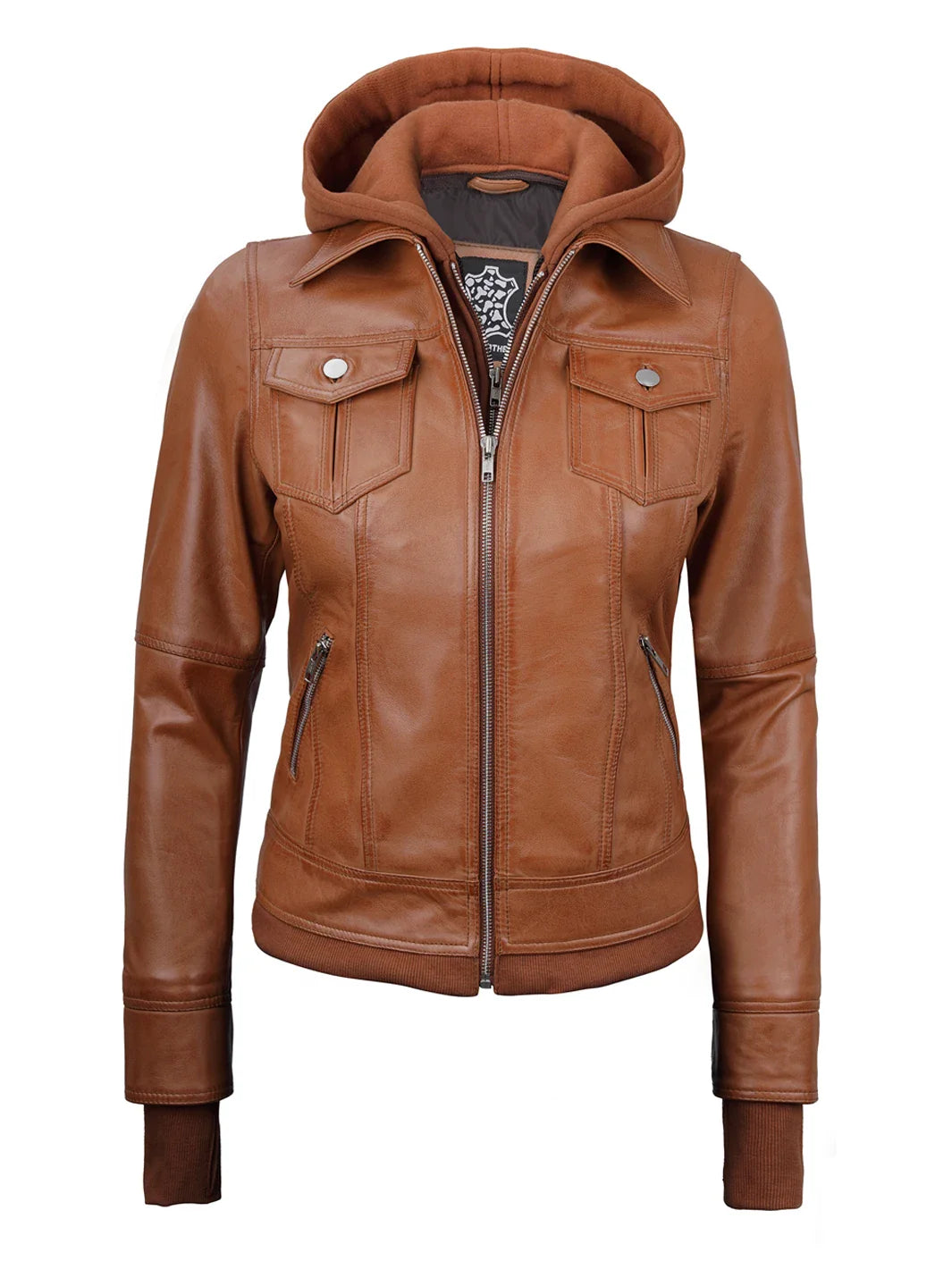 Tralee Womens Tan Wax Bomber Leather Jacket With Removable Hood