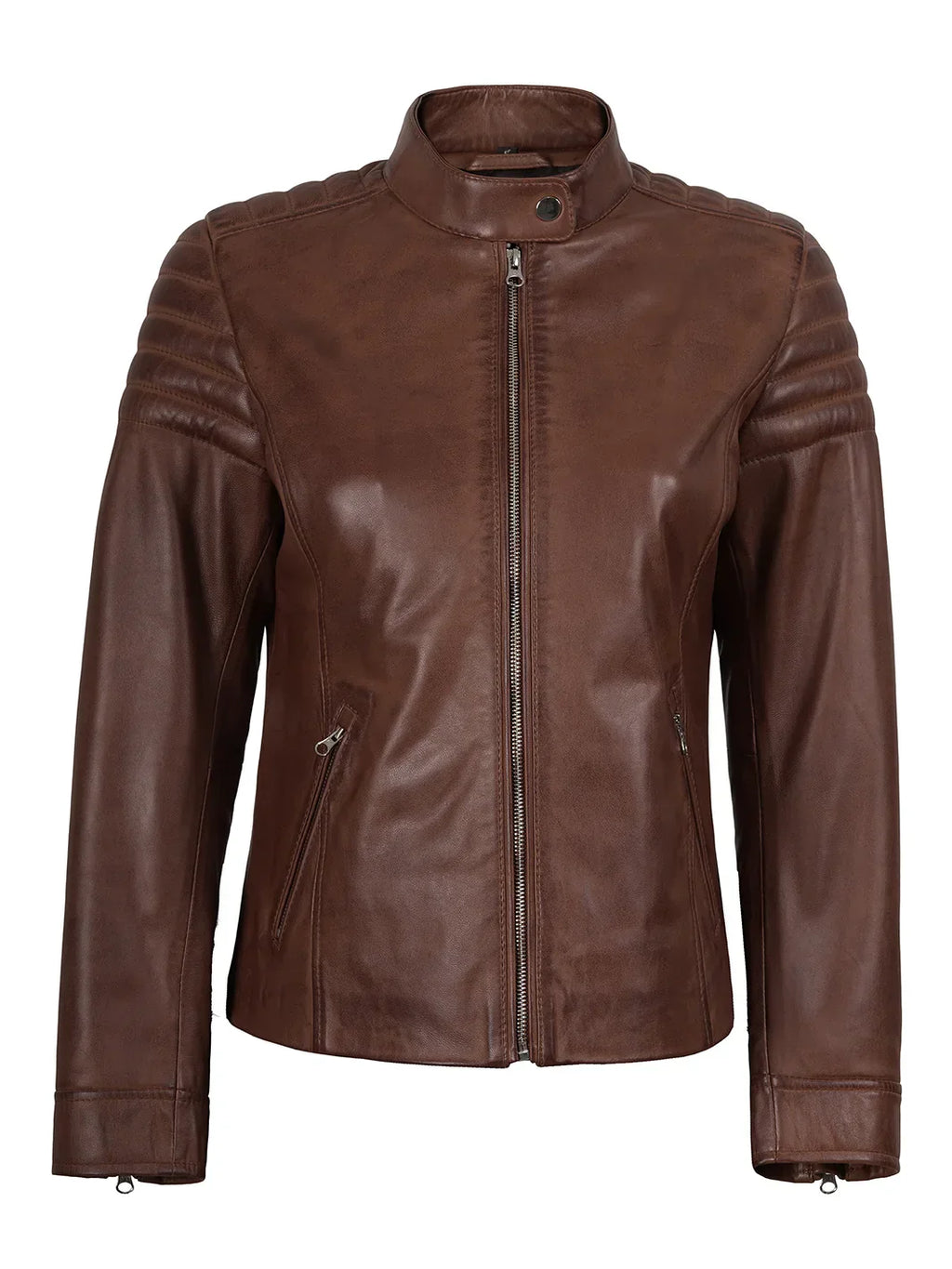 Womens Cognac Brown Cafe Racer Style Leather Jacket - Padded Shoulders