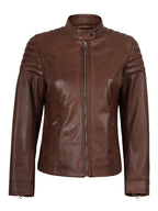 Womens Cognac Brown Cafe Racer Style Leather Jacket - Padded Shoulders